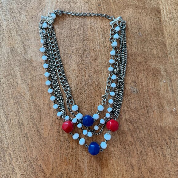 Delightful vintage costume red, white & blue silver-toned multi-strand necklace - Picture 1 of 3